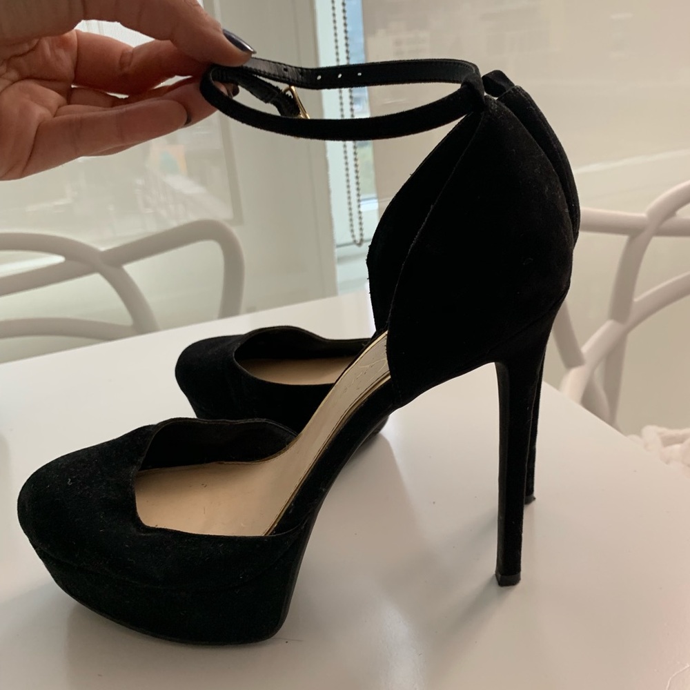 Black platform ankle strap pumps